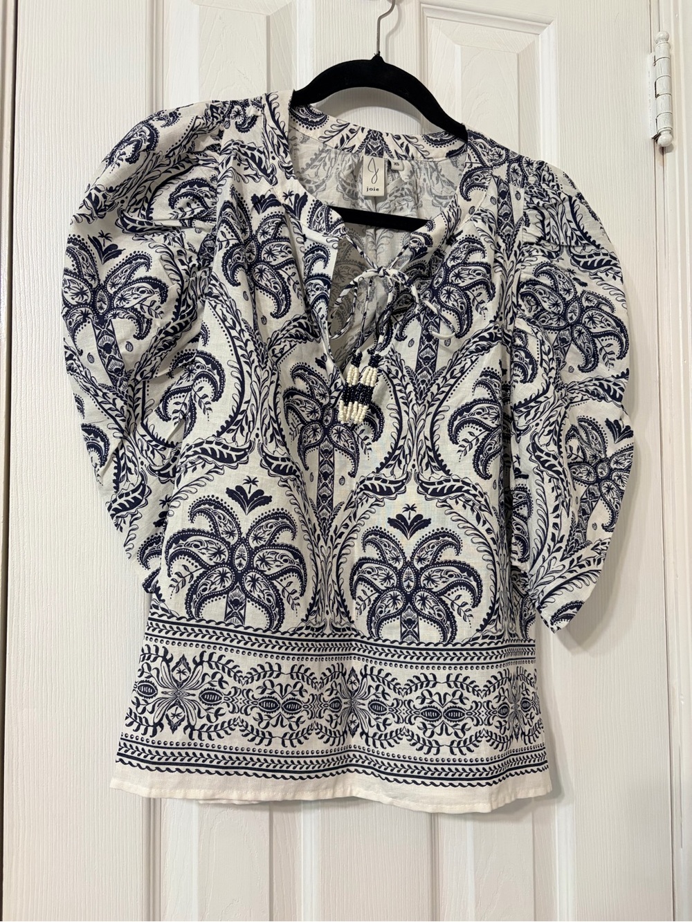 Joie Navy and White Paisley Tie-Front Blouse
